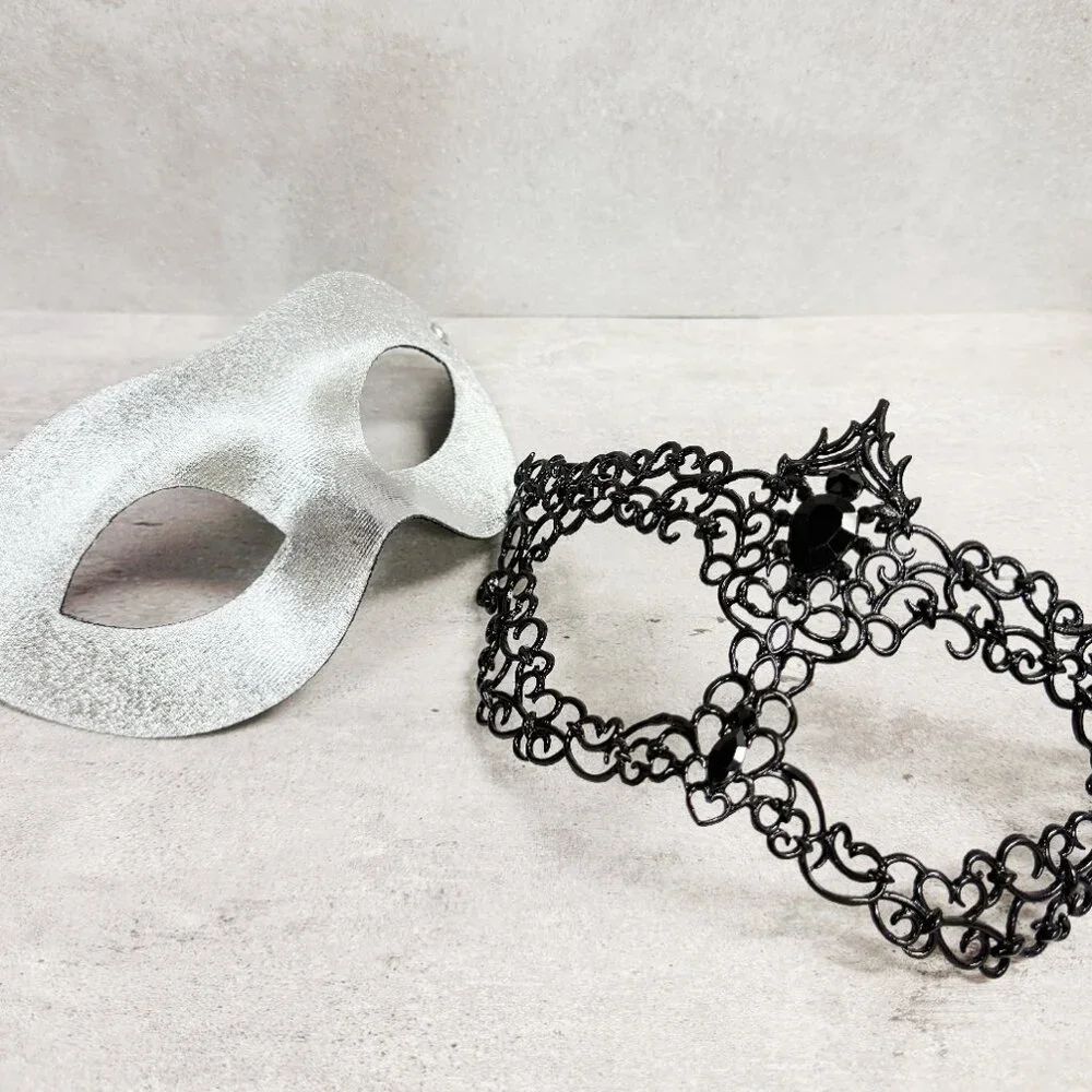 Mens masquerade mask, Black silver mask, Venetian mask, Prom mask, 2 in 1 mask